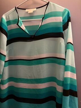 Michael Kors Teal, Aqua & Black Striped V-Neck Blouse